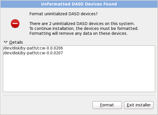 Обнаружены неформатированные устройства DASD
